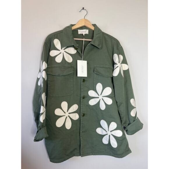 NWT The Great. Ultimate Cool Girl Utility Vintage Army Daisy Applique Jacket - Picture 2 of 8